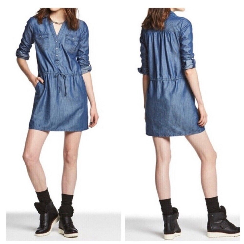 Princess Vera Wang Light Chambray Dress XS Snap Front Cinch Waist Roll Tab